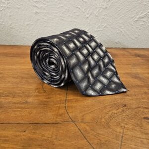 Bachrach Gray Geometric Blsck Blue 100% Silk Tie Made In Italy Formal